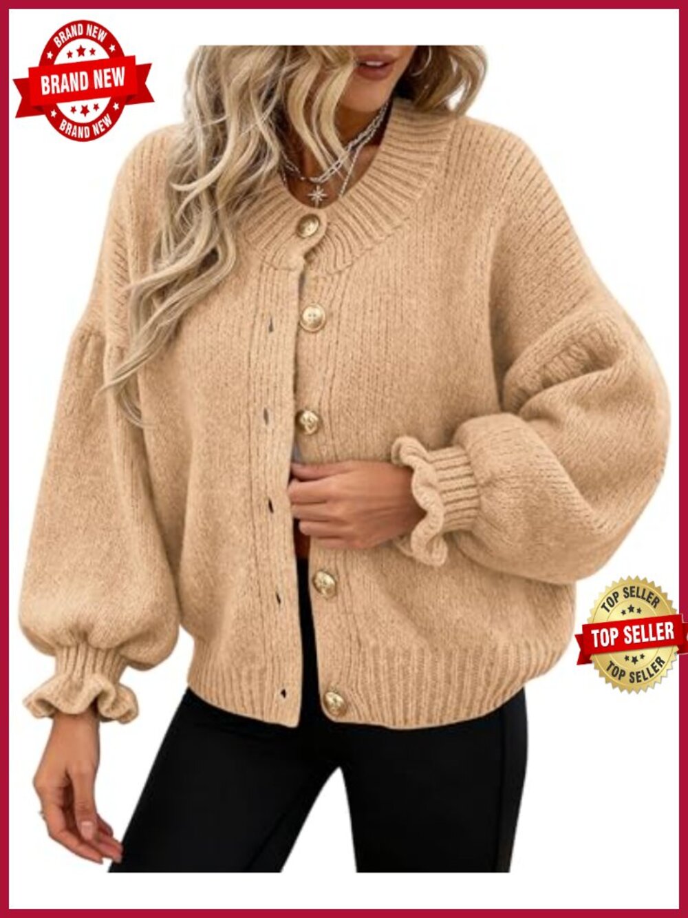 Womens Chunky Knit Button Cardigan Ruffle Sleeve Crop Sweater